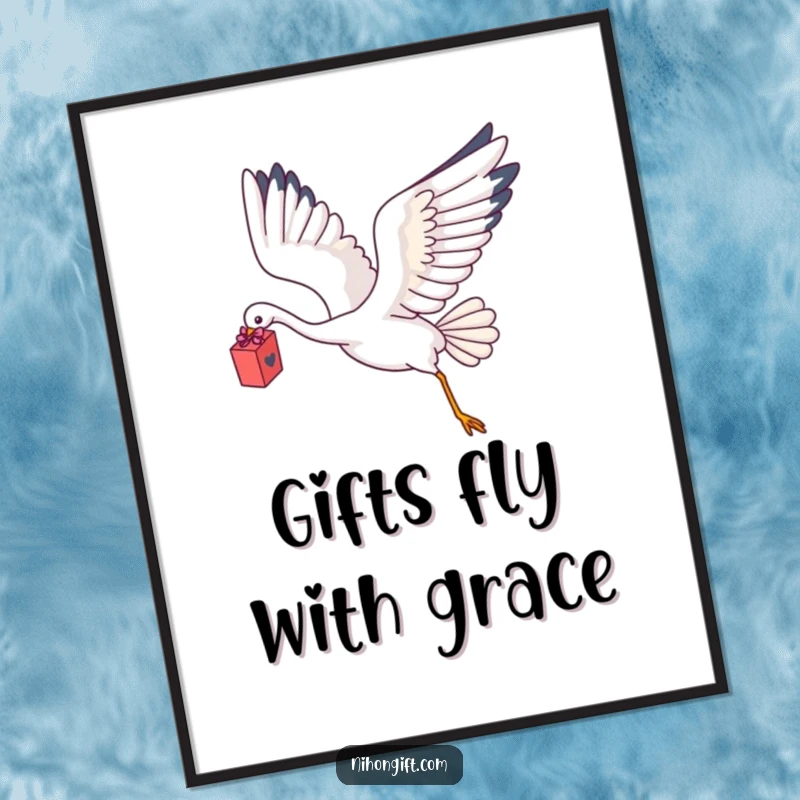 Funny Kawaii Crane Poster showing a crane flying with a delicate gift box.