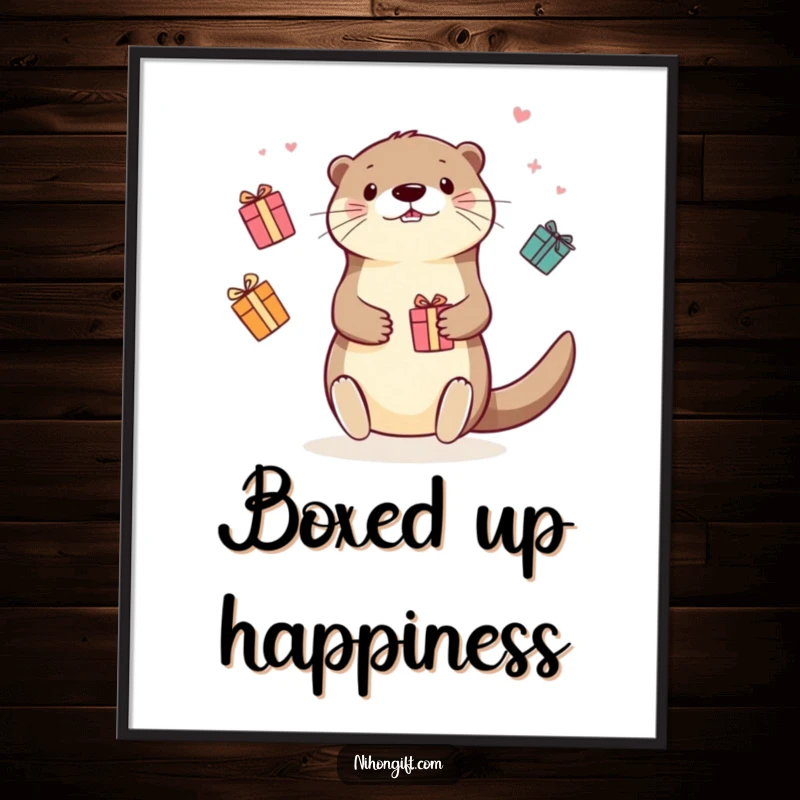 Funny Kawaii Otter Poster: A cheerful otter artistically juggling numerous small, colorful gift boxes, creating a festive scene.