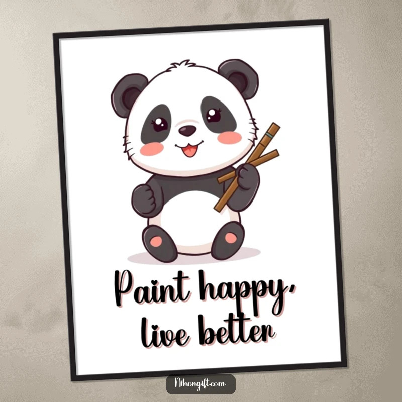 Funny Kawaii Panda Poster showing a panda painting a happy smiley face with a calligraphy brush.