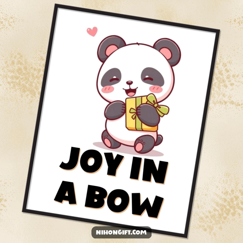 Funny kawaii panda joyfully holding a gift with a ribbon, depicted as charming wall art for any room.