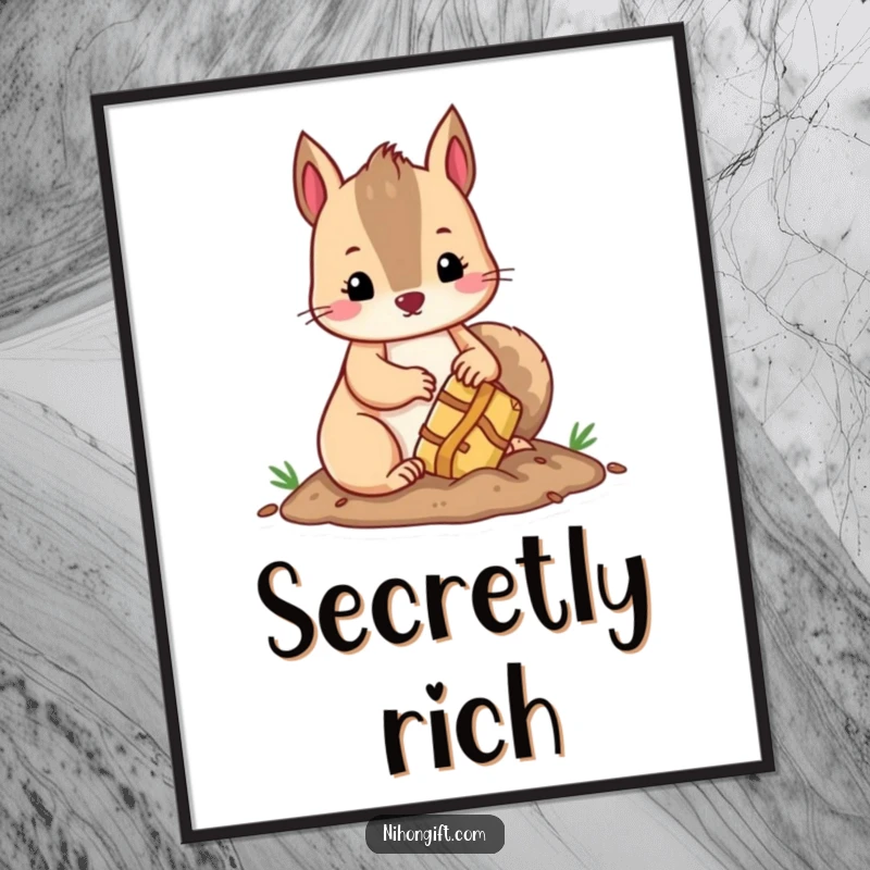 Funny kawaii squirrel burying a wrapped gift, depicted with charming humor in a poster.