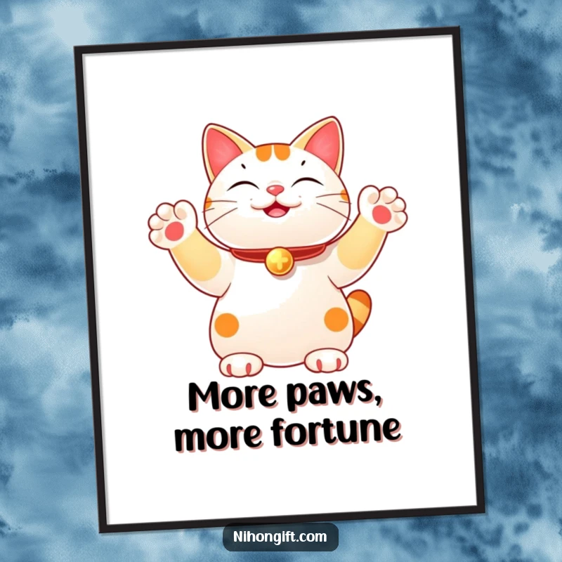 Funny poster showcasing a lucky cat figurine joyfully waving multiple energetic paws, bringing luck and artistic flair to any room. A cheerful wall art.