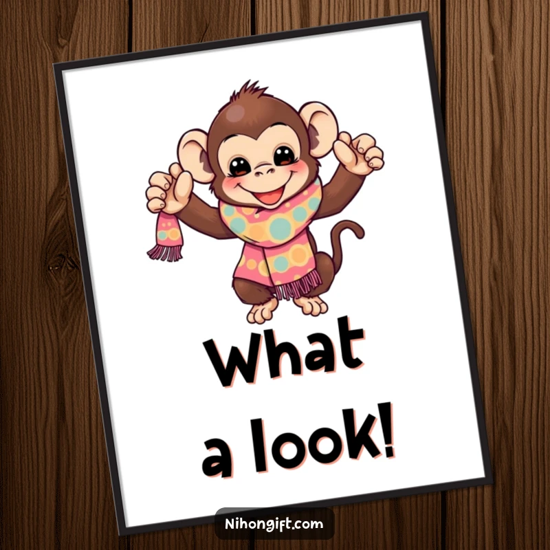 Funny Monkey Poster: A gleeful monkey showcases a vibrant, patterned scarf, capturing a moment of pure joy and playful energy.