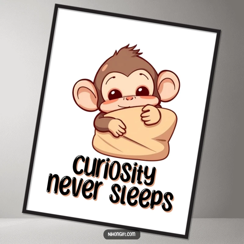 Funny monkey poster featuring a mischievous primate peeking from behind a large, wrapped item, perfect wall decor.
