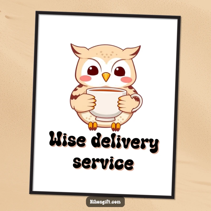 Funny Owl Tea Poster: Cheerful little owl carefully delivering a delicate ceramic tea cup, exuding peace.