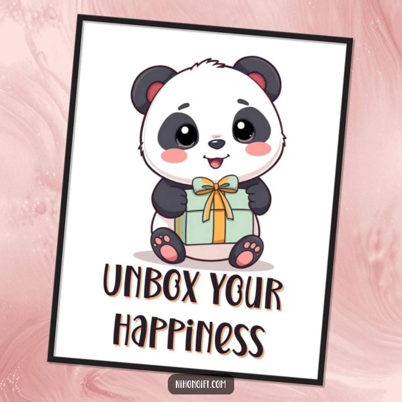 Funny Panda Poster: A kawaii panda joyfully holds out a small, perfectly wrapped gift.
