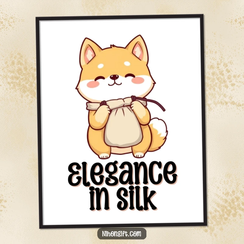 Funny Shiba Inu poster of a cheerful character proudly presenting a delicate silk pouch, creating happy decor.