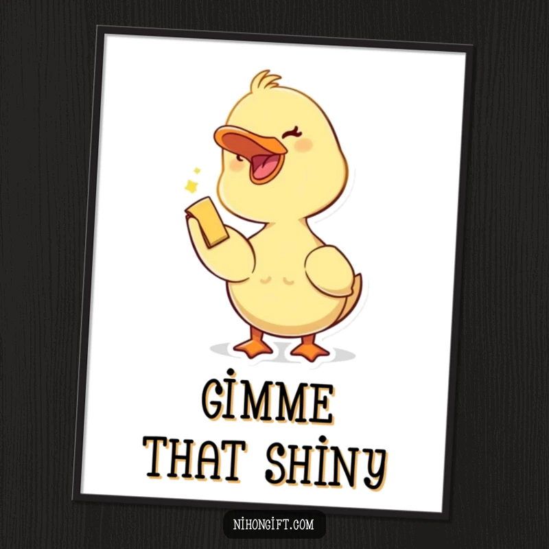 Funny duckling with an open beak joyfully accepting a small trinket, displayed as charming wall art.