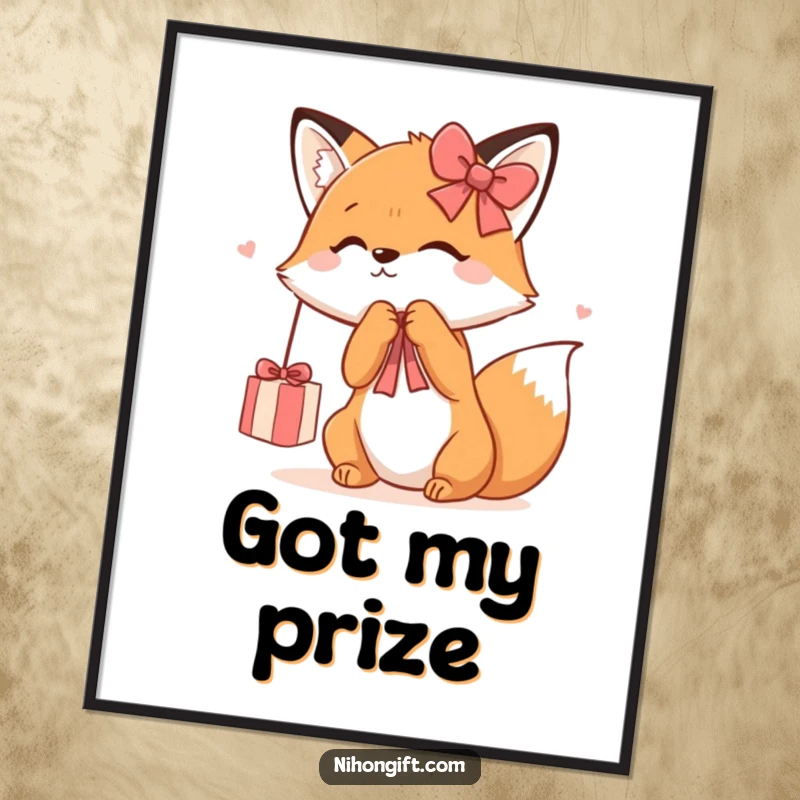 Funny Kawaii Fox Poster showing a cute fox playfully batting at a dangling gift ribbon, bringing a touch of playful art.