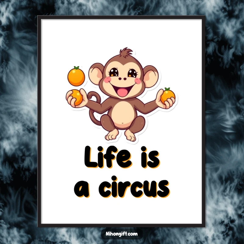 Funny Kawaii Monkey Poster showing a monkey juggling oranges with a mischievous grin.