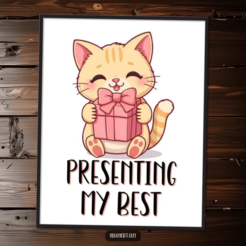 Funny kawaii cat poster featuring a cute and happy cat holding a gift box, perfect for adding charm to any wall.