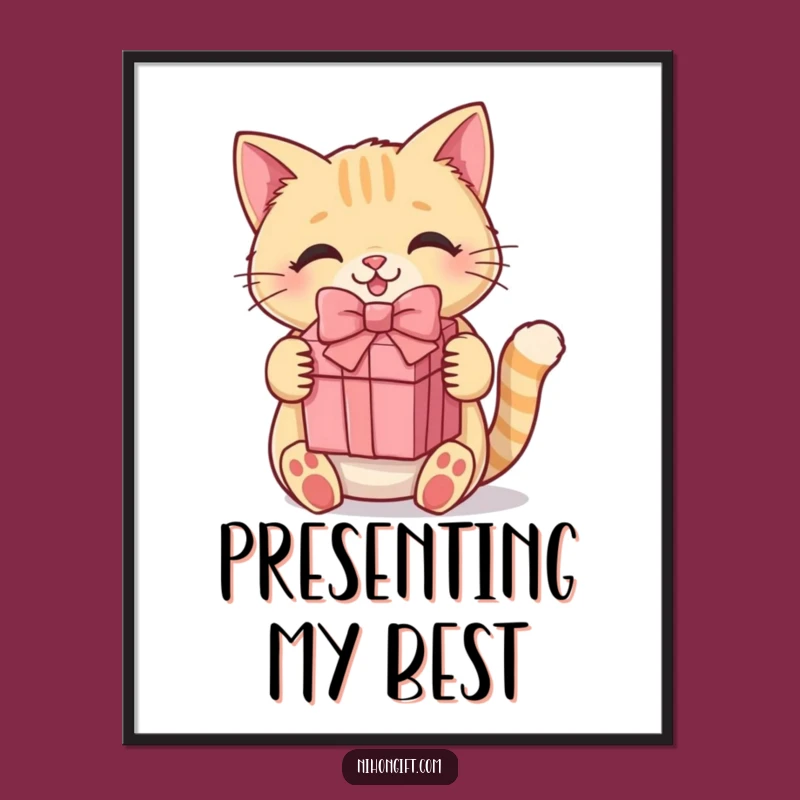 Cute Funny Kawaii Cat Poster: Adorable Kitty Holding Gift Box Art Print