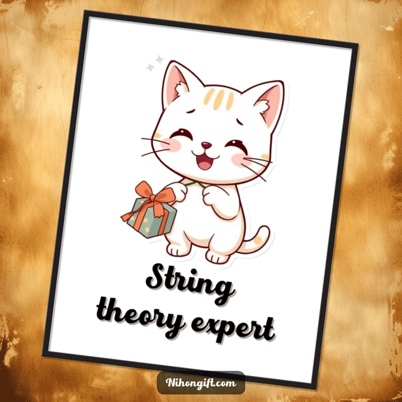 Funny cat poster of a smiling character happily dangling a string from a gift, creating whimsical decor.