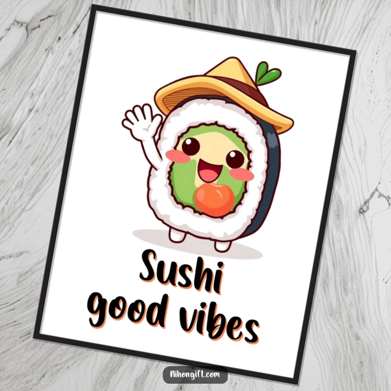 Funny poster of a charming sushi roll character in a straw hat, waving excitedly, adding a playful vibe.