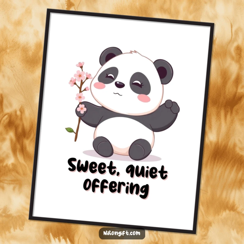 Funny panda poster illustrating a shy panda gently offering a delicate cherry blossom branch, bringing serene humor to walls.