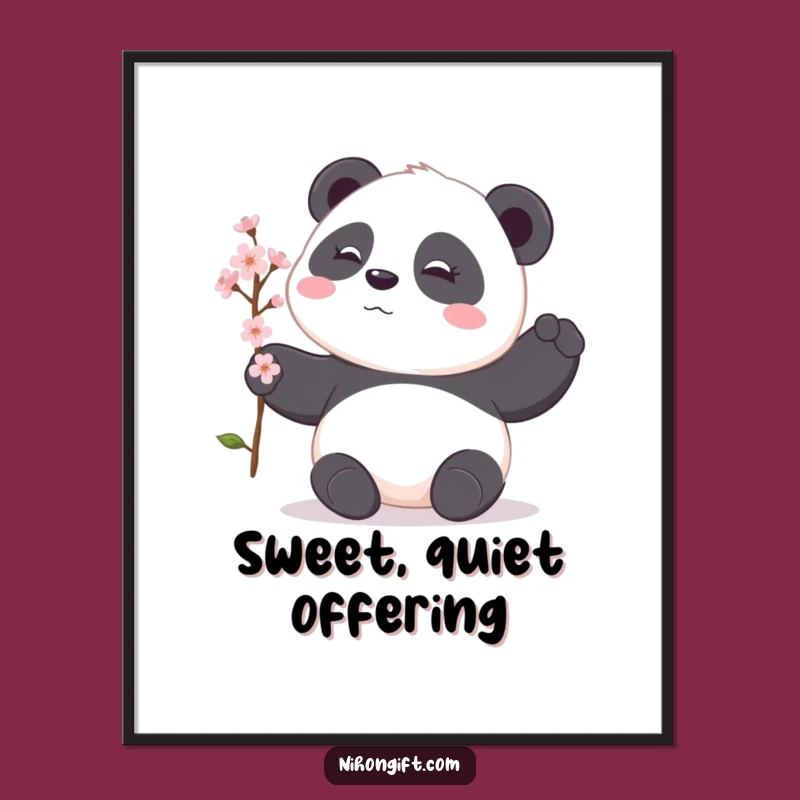 Funny Panda Poster: Shy Offering, Cherry Blossom Gift, Perfect Wall Art