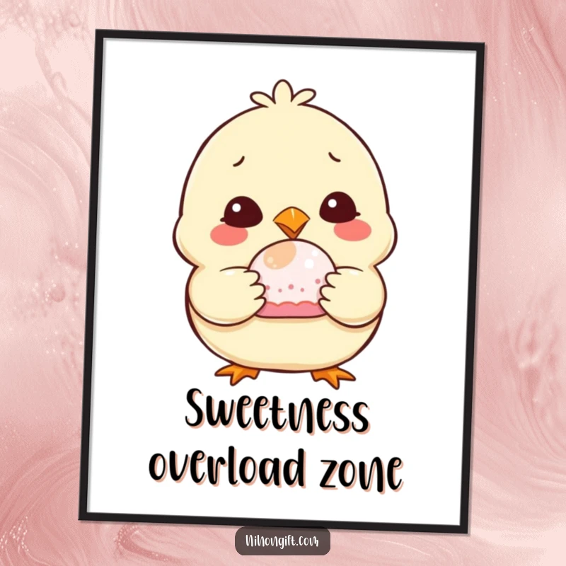Funny Chubby Chick Poster featuring a smiling chick with a mochi, adding a humorous and cheerful vibe to any room.