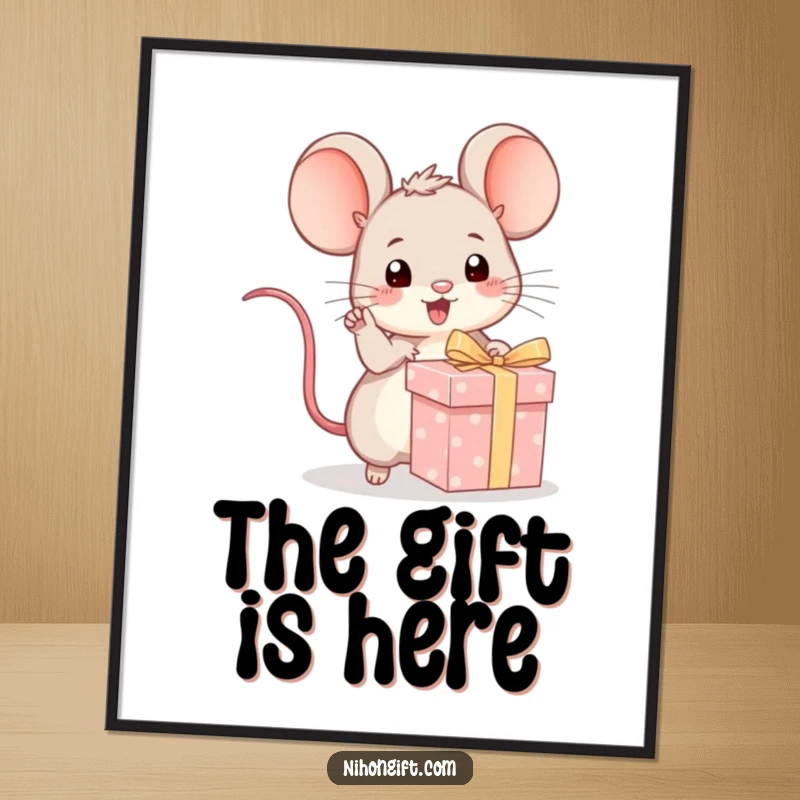 Funny kawaii mouse excitedly pointing at a wrapped gift, depicted as charming wall art for any room.