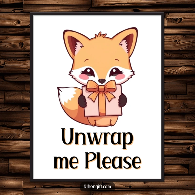 Funny poster of a cute fox holding a perfectly wrapped gift, adding a touch of humor and warmth.