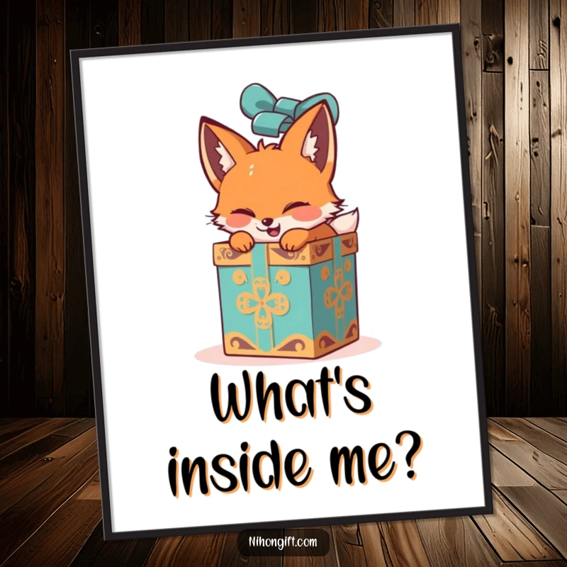 Funny fox poster featuring an ecstatic unwrapping of a large, ornate gift box, ideal for humorous wall decor.