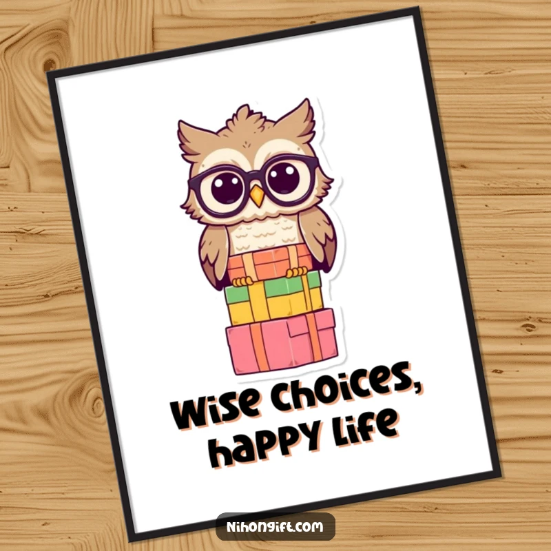 Funny owl poster featuring a wise owl wearing spectacles, balancing a stack of gift boxes, perfect wall decor.