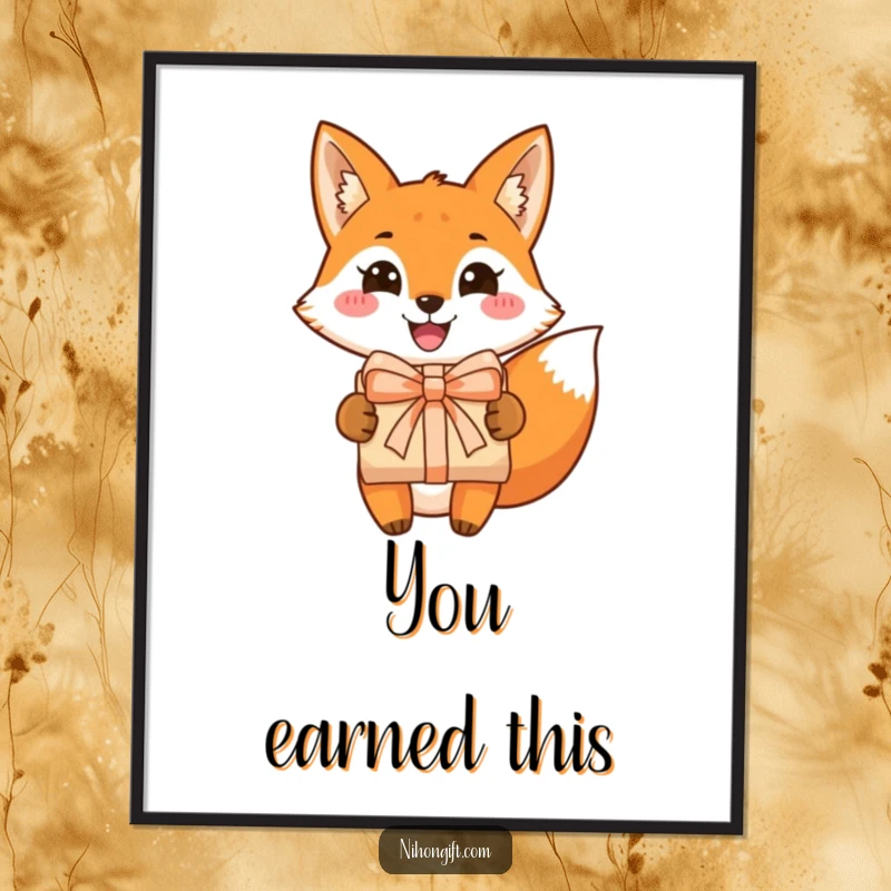 Funny fox poster illustrating a grinning fox joyfully presenting a beautifully wrapped gift, bringing cheerful and humorous vibes to any wall.