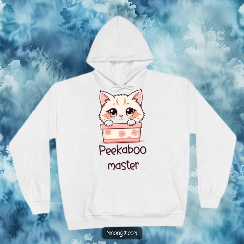 Funny cat hoodie showing a fluffy cat with curious eyes emerging from a beautifully presented Japanese gift box.