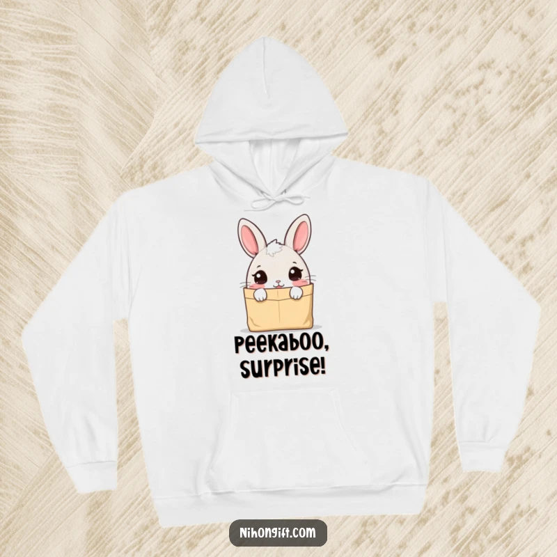 Funny cute bunny in a hoodie, peering curiously into a paper bag, radiating cozy inquisitiveness.