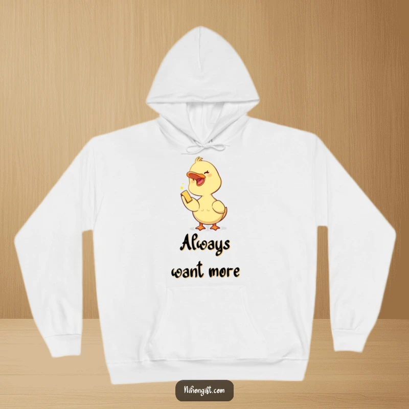 Funny duckling with an open beak joyfully accepting a small trinket, designed on a warm and cozy hoodie.