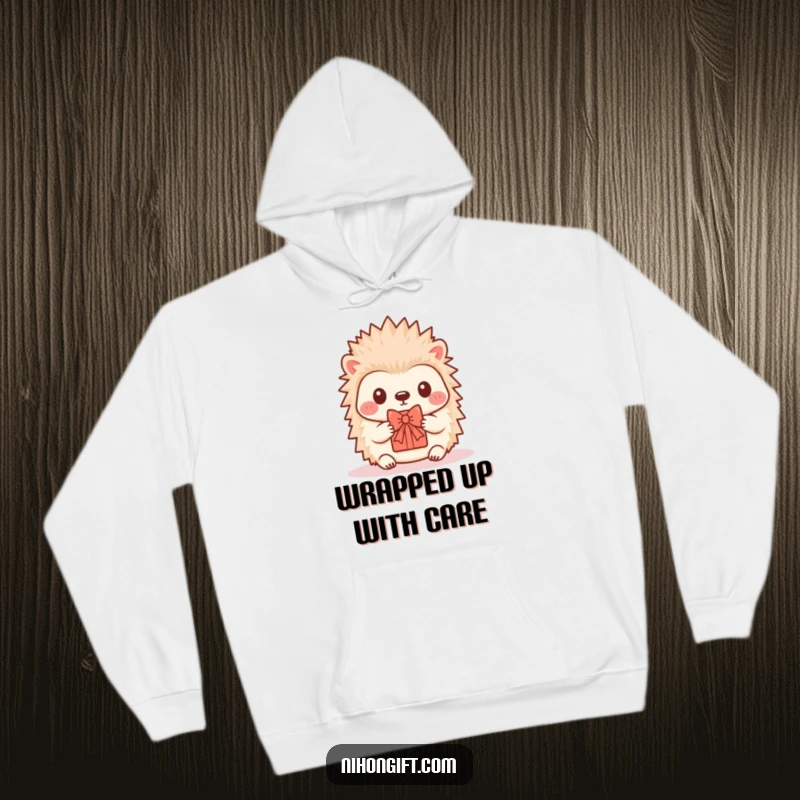 Funny Hedgehog Hoodie: A cuddly kawaii hedgehog offers a small, perfectly tied gift.