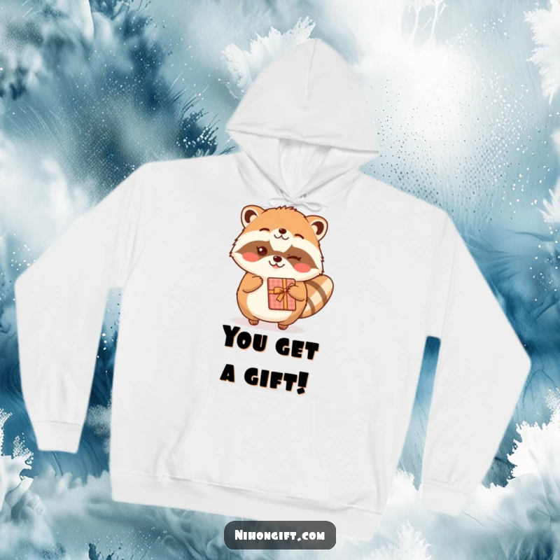 Funny kawaii tanuki winking and holding a present, featured on a cozy hoodie, ideal for gift-giving.