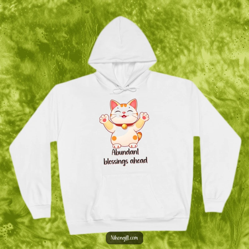 Funny hoodie with a lucky cat cheerfully waving multiple paws, celebrating luck and comfort. A cozy and humorous apparel design.
