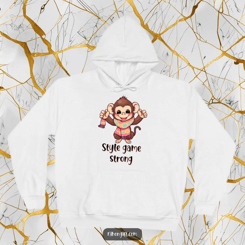 Funny Monkey Hoodie: A gleeful monkey proudly displays a vibrant, patterned scarf, embodying playful excitement, perfect for gifting.