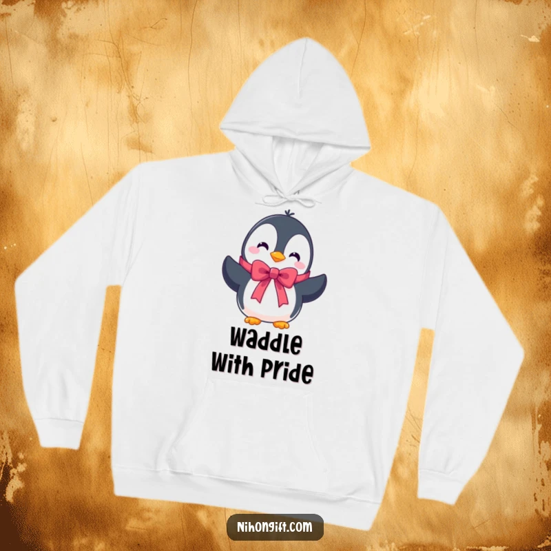 Funny hoodie featuring a cute penguin character presenting a beautifully tied ribbon, offering warmth and wintery charm.