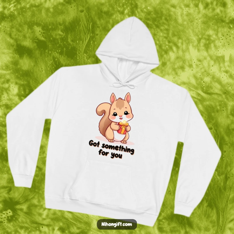 Funny Squirrel Hoodie: A cuddly kawaii squirrel hides a small, shiny gift behind its back.