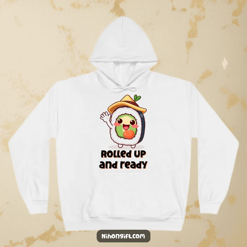 Funny hoodie featuring a charming sushi roll character in a straw hat, waving excitedly, perfect for cozying up.