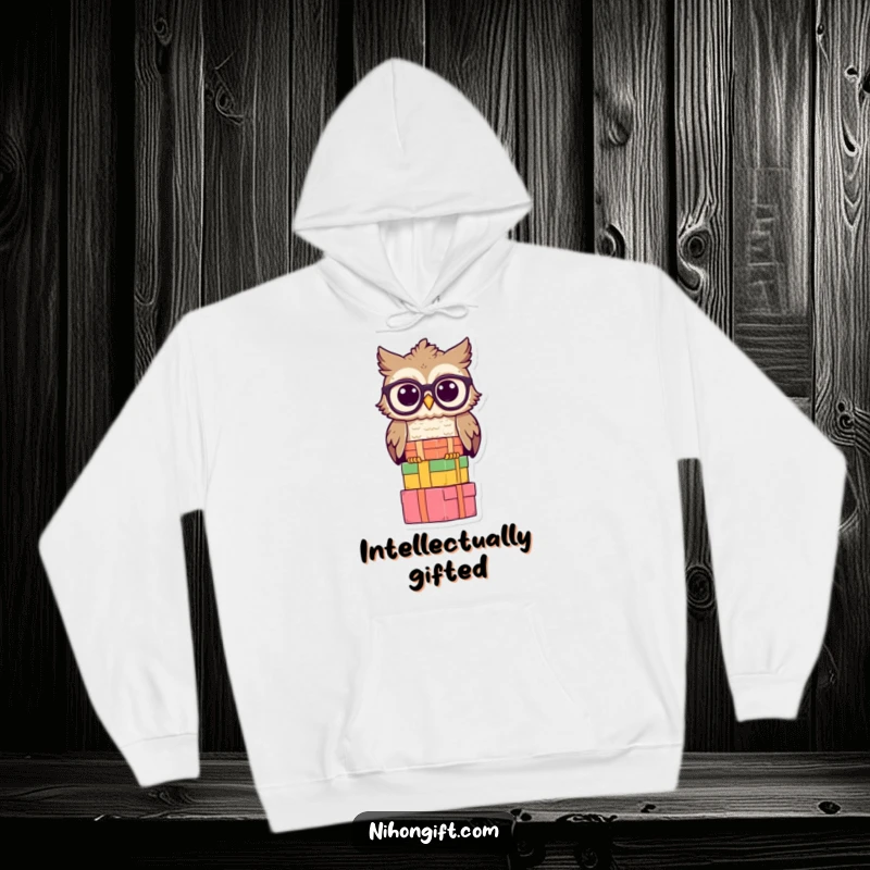 Comfortable hoodie with a wise owl wearing spectacles, balancing a stack of gift boxes, perfect for cozy learning.