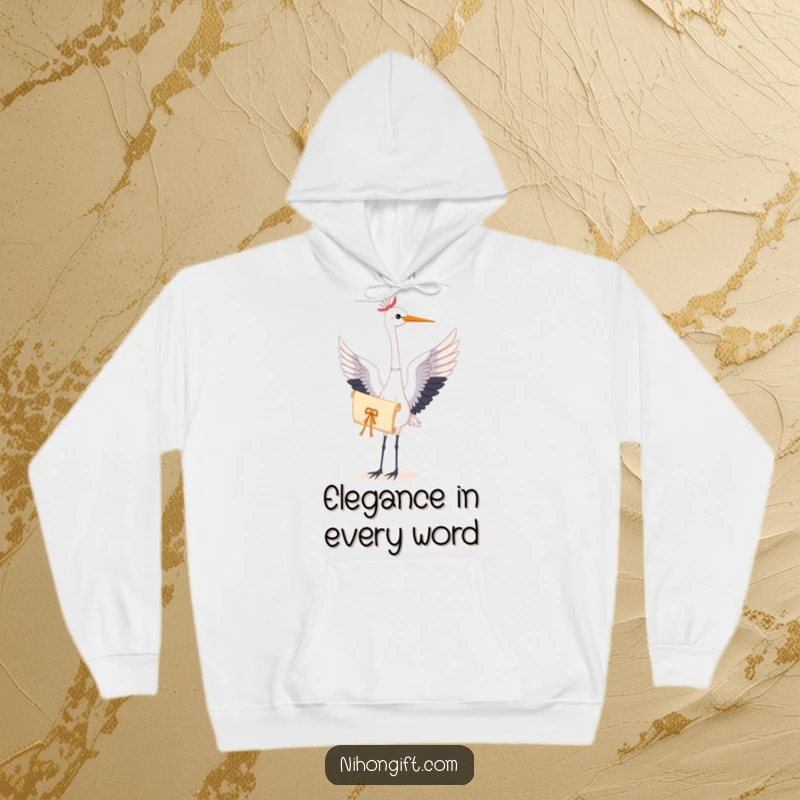 Soft hoodie displaying a graceful crane holding a delicate scroll, offering warmth and artistic inspiration to the wearer.