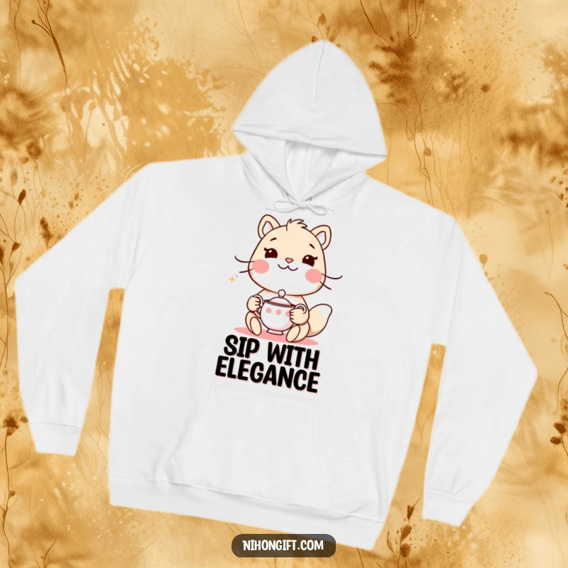 Funny hoodie with an animal holding a delicate tea set and a polite smile, perfect for cozy tea lovers.