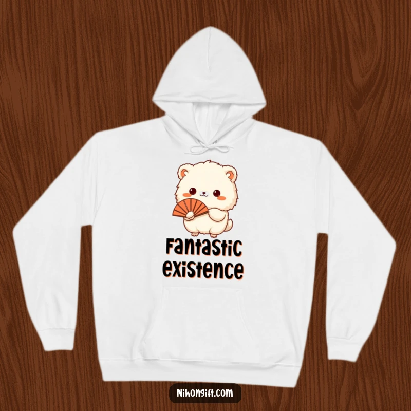 Funny hoodie depicting a small, fluffy animal presenting a traditional Japanese fan, offering warmth and humor.