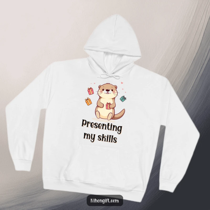 Funny Kawaii Otter Hoodie: Charming otter juggling colorful gift boxes, exuding happiness and a love for presents.