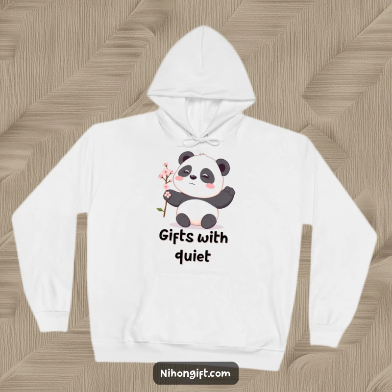 Funny panda hoodie showcasing a shy panda offering a delicate cherry blossom branch, offering cozy and humorous serenity.