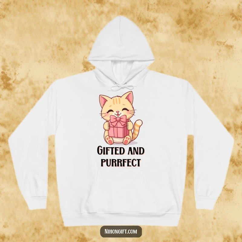 Funny kawaii cat hoodie featuring a sweet cat happily presenting a gift box, designed for ultimate comfort and cuteness.