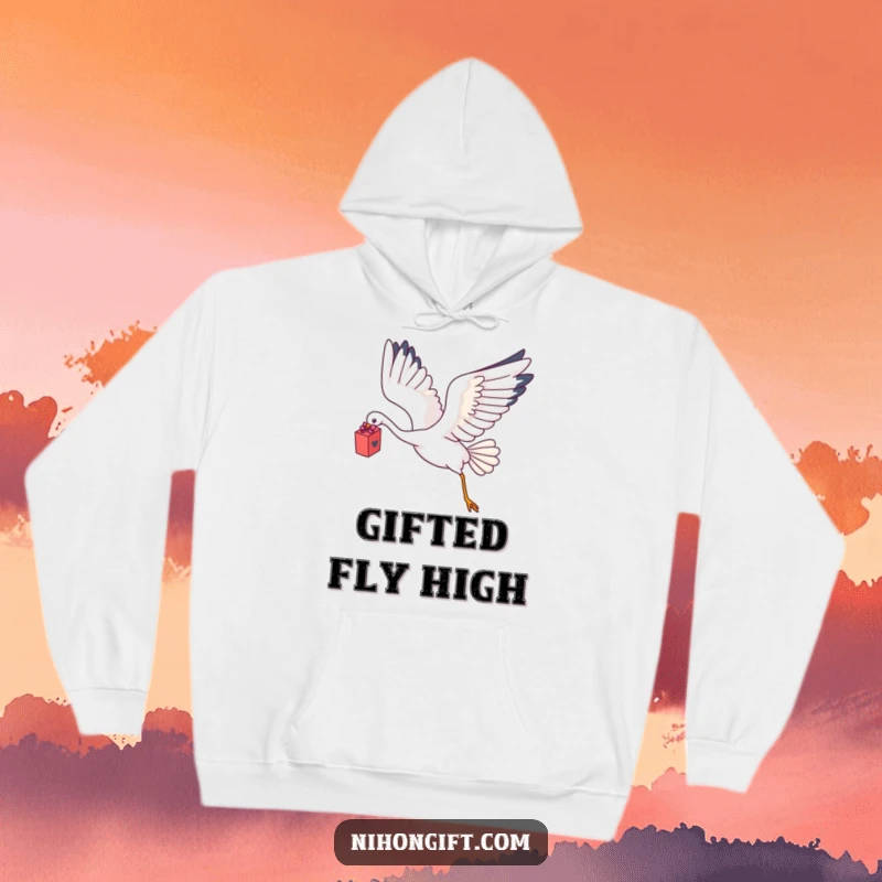 Funny Kawaii Crane Hoodie depicting a crane flying with a delicate gift box.