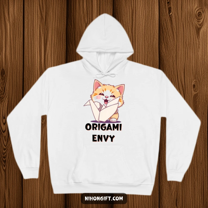 Funny cat hoodie showing a fluffy cat with an ecstatic expression peeking out from behind a meticulously folded origami crane.