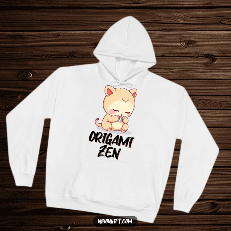 Funny, cozy hoodie featuring a bowing creature offering a delicate paper crane, perfect for artistic individuals.