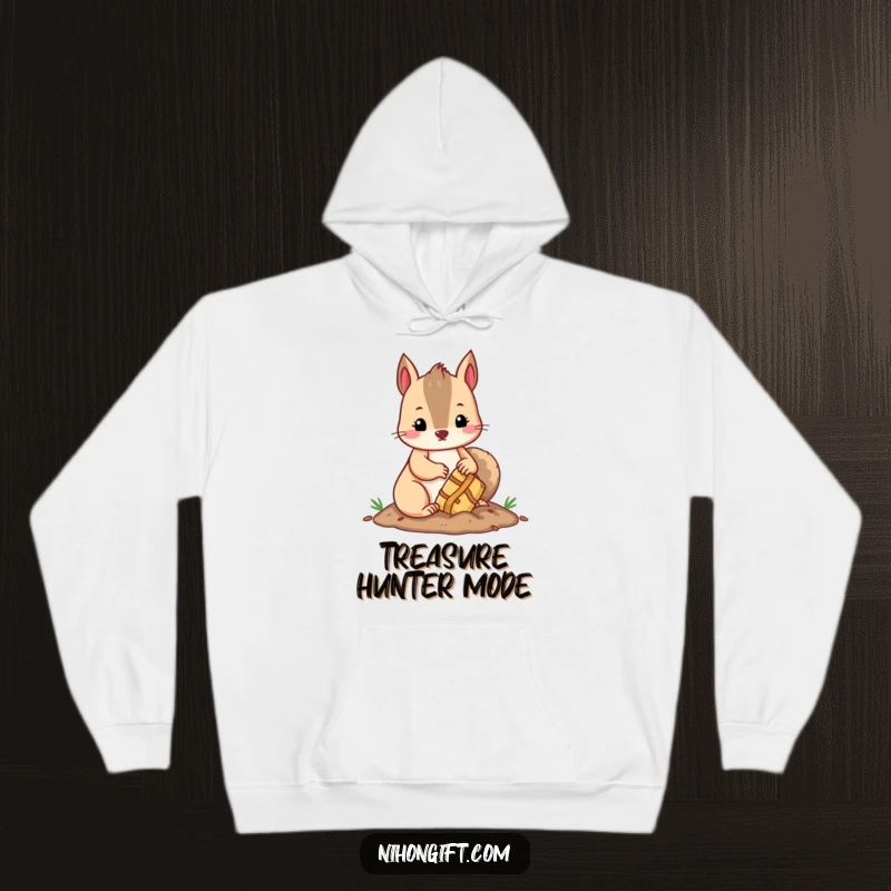 Funny kawaii squirrel hiding a wrapped gift, radiating warmth and playful humor on a cozy hoodie.