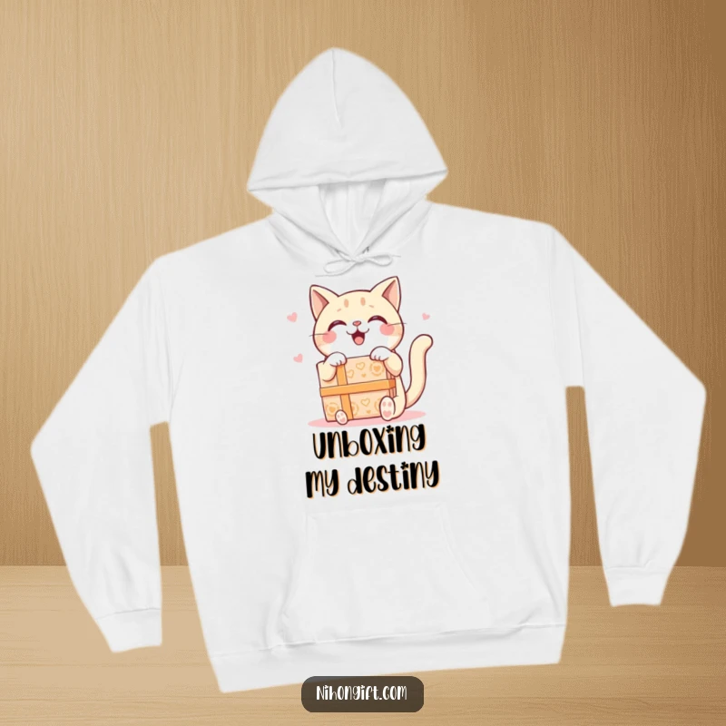 Funny Kawaii Cat Hoodie showcasing a super happy cat receiving a large, fancy gift box, radiating cozy delight and warmth.