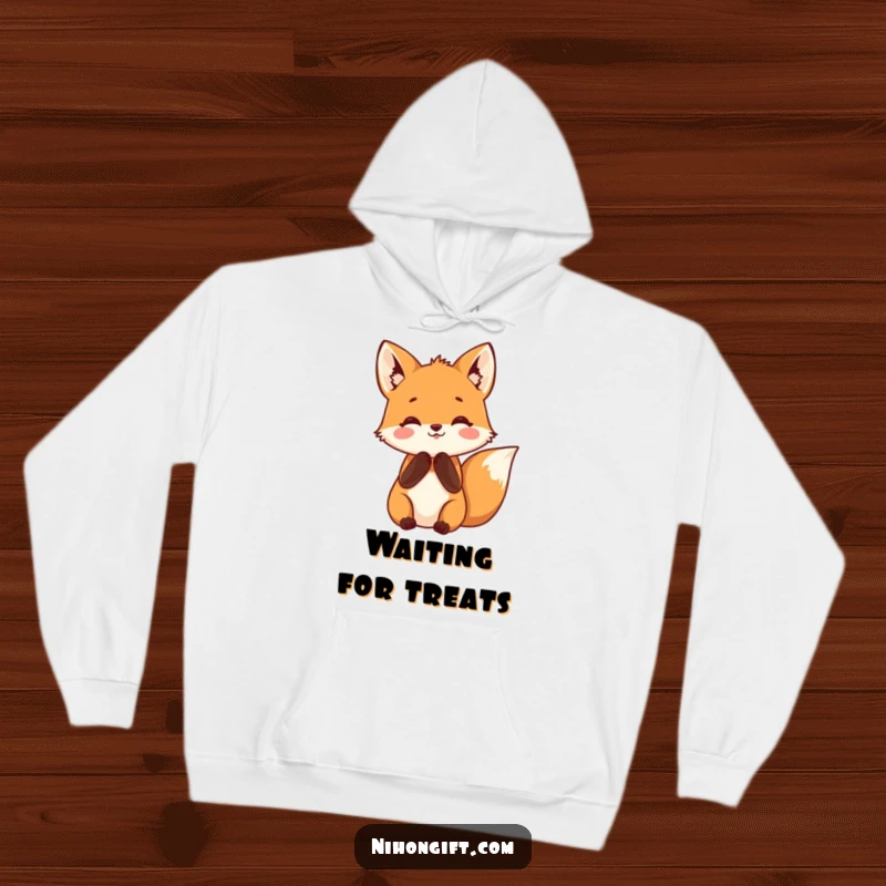 Funny fox hoodie featuring a small fox with paws clasped in happy anticipation, perfect for cozying up with humor.