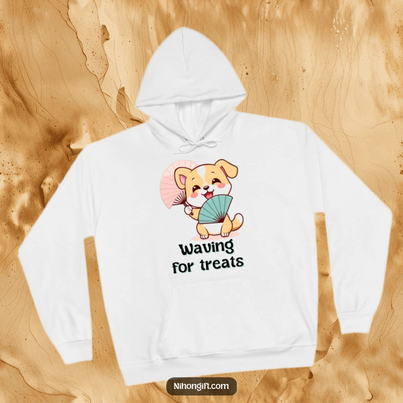 Funny Dog Fan Hoodie: A happy dog wearing a smile, enthusiastically waving a traditional Japanese fan.